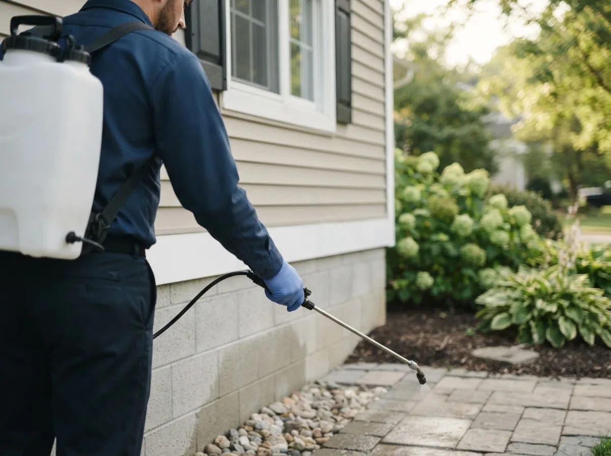 Pest control technician inspecting a home in Vendor, AR